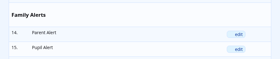 The Family Alerts section of the Manage Email Messages screen, listing the Parent Alert and Pupil Alert templates.