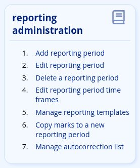The Reporting Administration heading on the Reporting tab, with Manage reporting templates fifth in its list
