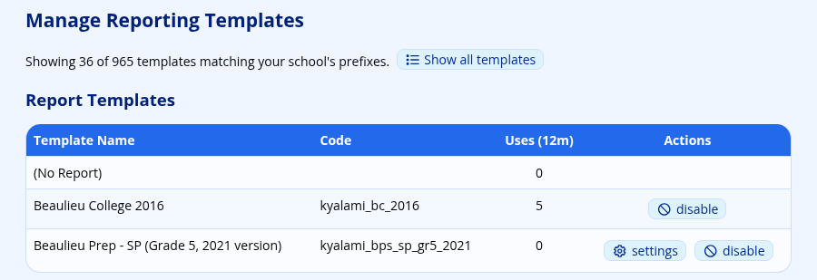 The top of the Manage Reporting Templates page, showing the Show all templates button and the list of enabled templates
