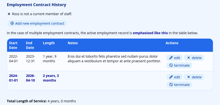 The employment contract history of a staff member who has left, showing two concluded contracts and the link to add a new one
