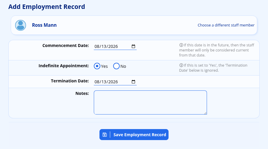 The Add Employment Record screen, with fields for the commencement date, whether the appointment is indefinite, a termination date and notes