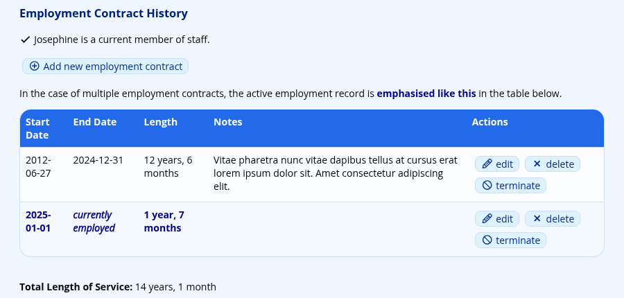 The employment contract history of a returning staff member, showing a concluded contract, a current one, and a combined total length of service