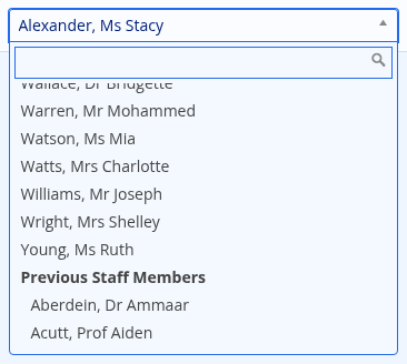 A staff drop-down list scrolled to the boundary between current staff and the section headed Previous Staff Members
