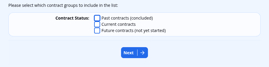 The staff scratch list by contract screen, offering past, current and future contract options